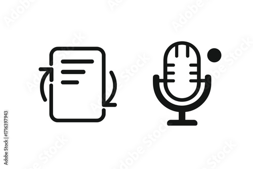 Note syncing and voice recording minimalist icon set. Vector symbols for app UI. Document refresh, data synchronization, audio memo, and microphone recorder icons.