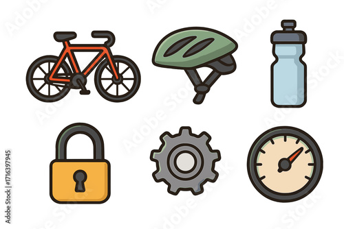 Cycling icons set with bike, helmet, water bottle, lock, gear, and speedometer. Vector cartoon illustration of bicycle accessories and sport equipment for competition.