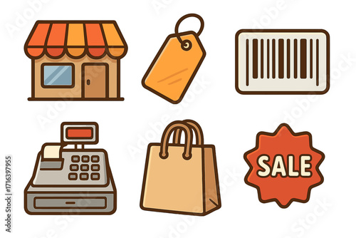 Retail commerce icon collection. Cartoon vector set including a storefront, price tag, barcode, cash register, shopping bag, and sale badge for business and e-commerce.