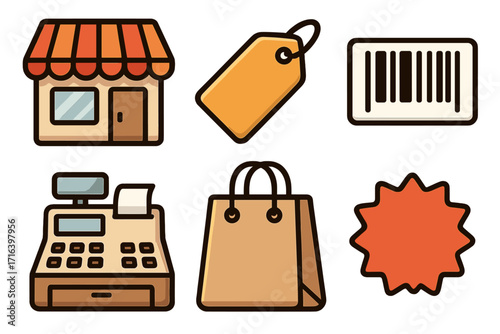Shopping icon set for retail and e-commerce. Vector cartoon collection with store, price tag, barcode, cash register, paper bag, and sale sticker. Purchase and checkout concept.