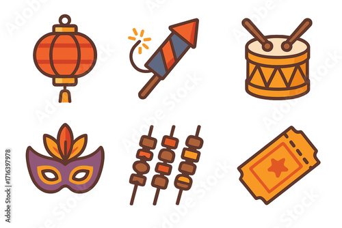 Festival icon set vector cartoon flat. Celebration symbols lantern firework drum mask skewer ticket. Holiday party event design element. Chinese new year carnival fair graphic.