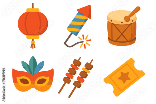 Set of festival and carnival icons. Celebration and party elements including lantern, firework, drum, mask, food skewer and ticket. Flat design vector cartoon illustration.
