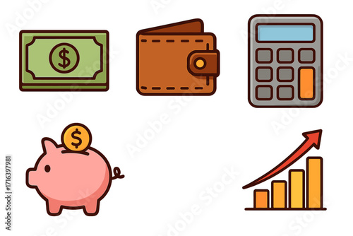 Finance icons set with money, wallet, and calculator. Piggy bank for savings and graph for growth. Vector cartoon illustration for business and economy concepts.