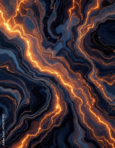 Abstract design featuring flowing, dark and light, wavy patterns with vibrant orange-yellow lines.