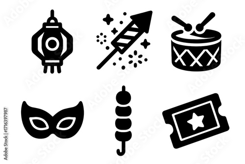 Festival and celebration icon set in modern silhouette style. Vector glyph collection with lantern, firework, drum, mask, food skewer, and event ticket for party or carnival.