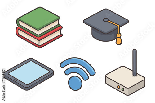 Isometric education icon set for e-learning and online courses. Includes books, graduation cap, tablet, Wi-Fi symbol, and router. Vector cartoon illustration for study and knowledge.