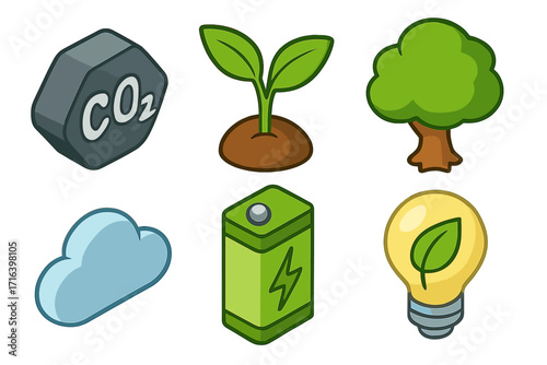 Ecology icons for green energy and sustainability. Isometric vector set with CO2, plant growth, tree, cloud, battery power, and eco lightbulb. Environmental protection concept.