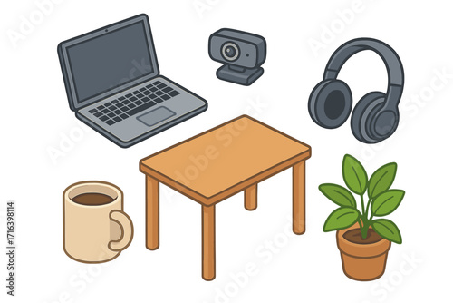 Isometric office essentials set for remote work. Vector cartoon illustration of laptop, webcam, desk, headphones, coffee mug, and plant. Home office and freelancer workspace.