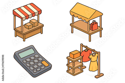 Isometric shopping icon set with market booth, clothing display rack, and calculator. Vector collection for commerce and retail business. Graphics for sales, store, or boutique.