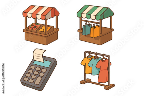Isometric shopping icon set. Vector cartoon illustration of a market stall with fruit, clothing rack, POS terminal calculator, and a booth with bags. Retail commerce elements.