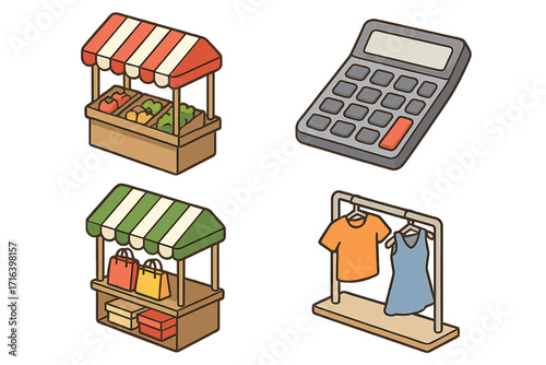 Isometric shopping icon set for retail and commerce. Market stall, greengrocer fruit stand, clothing rack, and calculator for business. Vector cartoon illustration of a fair.