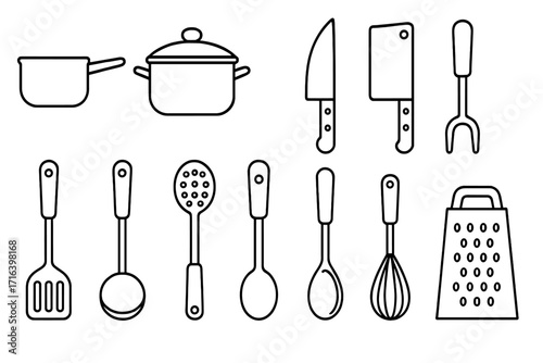 Kitchen utensils outline icon set. Cooking tools vector collection. Cookware equipment line art illustration. Pot, pan, knife, ladle, grater, and spatula symbols for design.