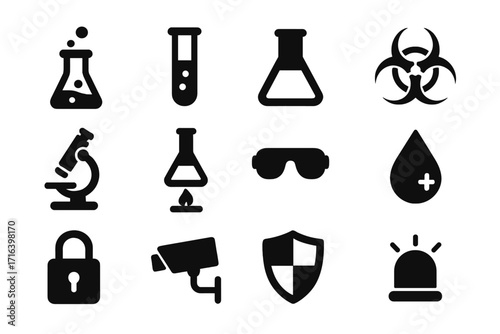 Laboratory and security vector icon set. Science, chemistry, biology research symbols. Medical lab equipment, biohazard sign, and safety protection silhouette collection.