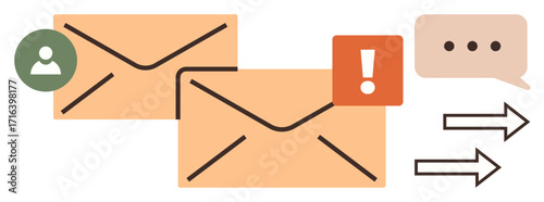 Envelopes, user icon, notification sign, speech bubble, and arrows symbolizing email exchange, messaging, and alerts. Ideal for communication, notifications teamwork business technology