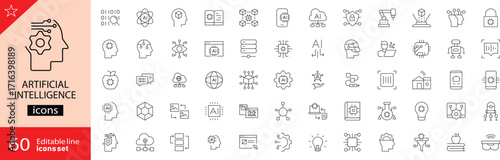 Artificial intelligence icons set. Includes symbols of machine learning, neural networks, automation, robots, data analysis, algorithms, and innovation. Editable stroke. Vector illustration.