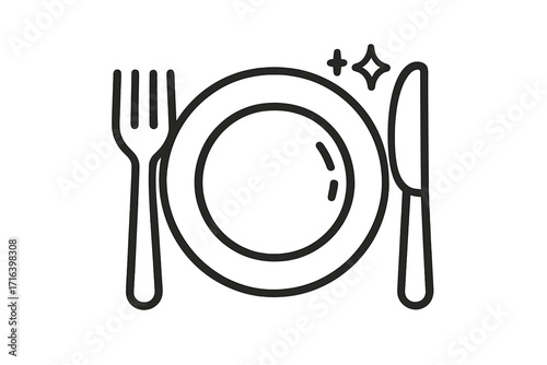 Clean dish icon with plate, fork, and knife. Vector line art of sparkling cutlery and tableware. Concept for restaurant, dinner, food service, lunch, meal, and hygiene.