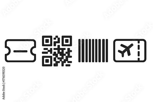 Ticket icon set vector illustration. Minimalist black icons for tickets, qr codes, bar codes, and airline boarding passes. Simple line art design for entry concepts and travel pass.