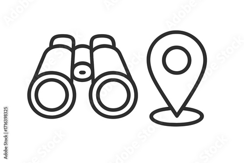 Binoculars with location pin icon. Concept for search, discovery, and exploration. Find a destination. Travel and journey symbol. Vector line art for navigation and view.
