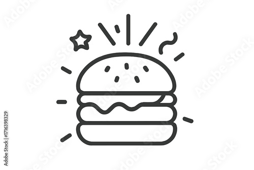 Burger icon, hamburger celebration symbol, linear style vector. Fast food restaurant menu. Simple outline cheeseburger for takeaway, delivery logo. Delicious snack concept.