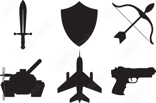 Iconic weapons and vehicles for defense and conflict themes