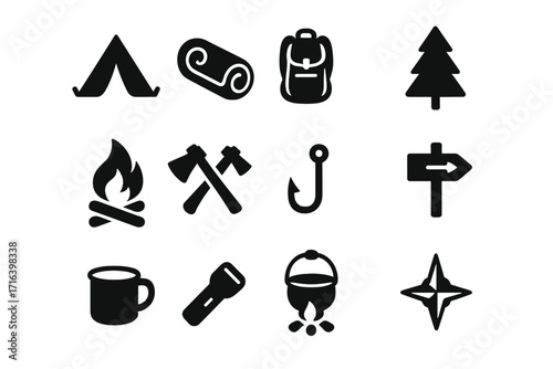 Camping icons set vector silhouette. Minimalist outdoor adventure and hiking equipment symbols. Campfire, tent, backpack, and survival gear for nature tourism graphic design.