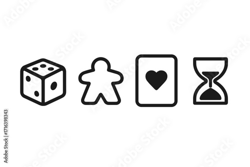 Board game icon set. Minimalist line art symbols for tabletop gaming. Vector collection with dice, meeple pawn, playing card, and hourglass timer for hobby and leisure.