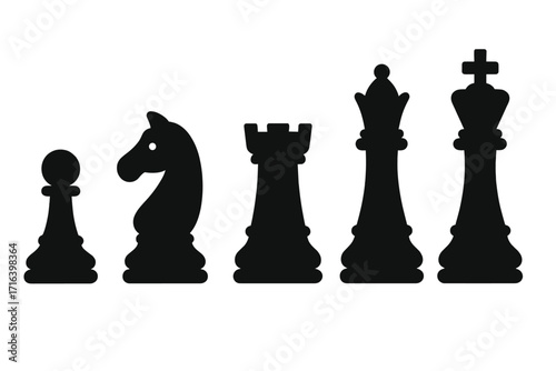 Minimalist chess piece silhouettes for strategic game design. Vector cartoon illustration. Ordered set of king, queen, rook, knight, pawn icons for board game business.