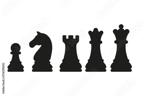 Chess piece silhouette icon set. Black minimalist vector figures for strategic game design. King, queen, rook, knight, pawn symbols for competition and logic board games.