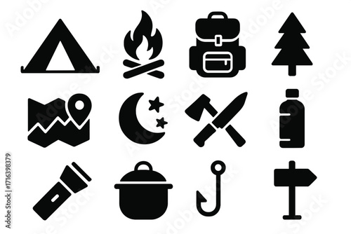 Camping icons set. Minimalist black silhouette designs for outdoor adventure and hiking. Vector graphic collection of travel, survival and nature exploration equipment symbols.