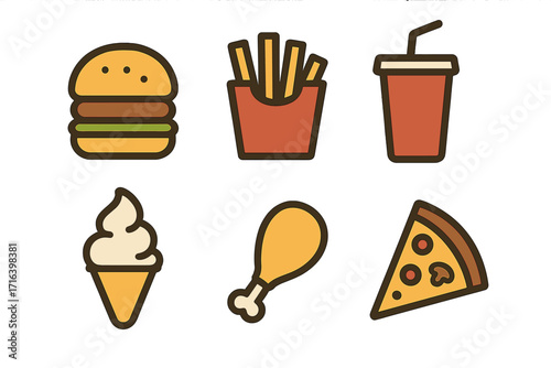 Fast food icon collection. Minimalist vector set with burger, french fries, soda, pizza, ice cream, chicken. Simple cartoon junk food illustration for menu design element.