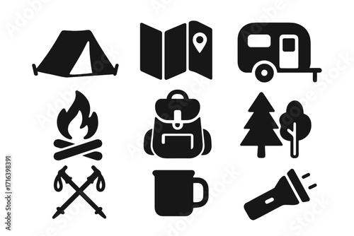 Camping icon set. Black silhouette graphic collection. Outdoor adventure, hiking, travel equipment symbols. Vector glyph icons of tent, map, campfire, backpack, trailer.
