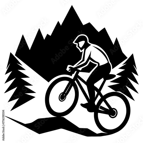 Black and white graphic of mountain biker on trail