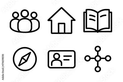 Minimalist line icon set. Teamwork, home, education, navigation, identity, network symbols. Vector pictograms for website, user interface, app, business presentation.
