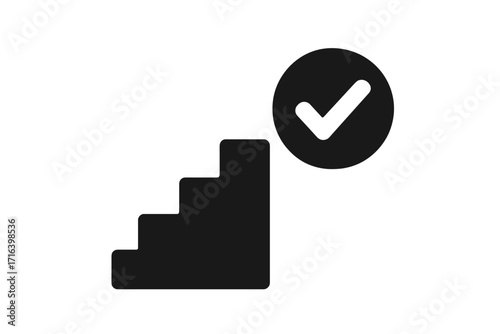 Step by step icon for success and progress. Career ladder and growth concept. Reaching goals and achievement symbol. Business development stages with check mark. Approved.