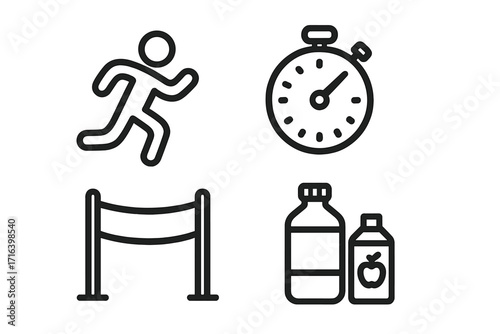 Marathon line icon set. Runner, stopwatch, finish line, nutrition. Vector running symbols for sport, race, and fitness competition. Healthy lifestyle & athletic event pictograms.
