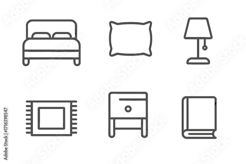 Minimalist bedroom interior line icon set. Bed, pillow, nightstand, lamp, rug, book. Home furniture symbols. Vector outline pictogram collection for web design and apps.