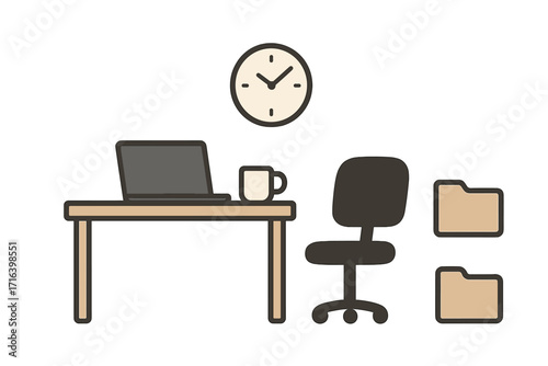 Minimalist office essentials vector icon set. Desk, laptop, mug, chair, clock, and folder icons. Cartoon illustration for business, workplace, remote work, and home office concepts.