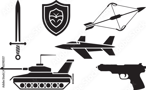 Modern defense icons: tank, jet, sword, gun, shield