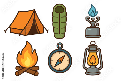 Camping icon set vector cartoon illustration. Outdoor adventure and hiking equipment gear concept. Includes tent, sleeping bag, stove, campfire, compass, and lantern icons.