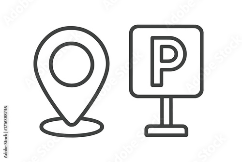 Parking location pointer icon and car park place sign. Vector line art illustration for navigation map. Find a parking spot symbol. GPS destination marker for vehicles.
