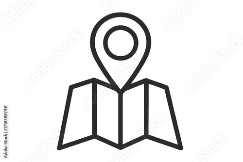 Map with location pin icon. Linear vector graphic for navigation, destination, and GPS. Geolocation pointer for travel and tourism. Find address, position, and route concept.