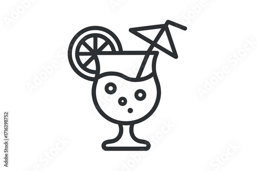 Cocktail icon line art vector illustration. Tropical drink with lemon slice and umbrella for summer party or vacation. Bar menu symbol, fresh beverage, alcohol concept.