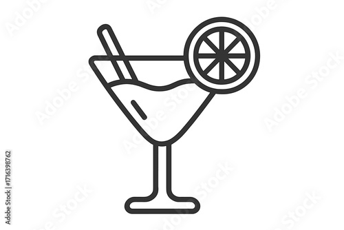 Linear cocktail icon vector. Martini glass with summer drink, straw and lemon garnish. Simple party symbol for a bar menu or beverage logo. Isolated alcohol outline graphic.
