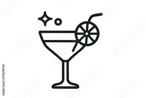 Cocktail icon vector line art symbol for party and celebration. Bar menu outline illustration. Minimalist sparkling alcohol beverage in a glass with a citrus slice and straw.