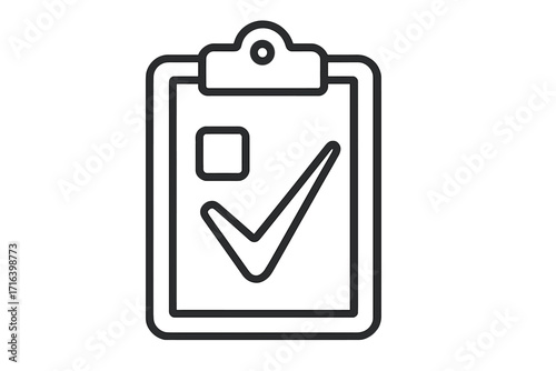 Checklist on clipboard with a check mark. Concept of completed tasks, done to-do list, passed quality control test. Agreement, success, ok and approval symbol. Vector icon.