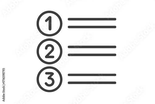 Numbered list icon with steps 1, 2, 3. Concept of order, priority, sequence, and process. Infographic element for business plan, checklist, to-do list, or options menu.