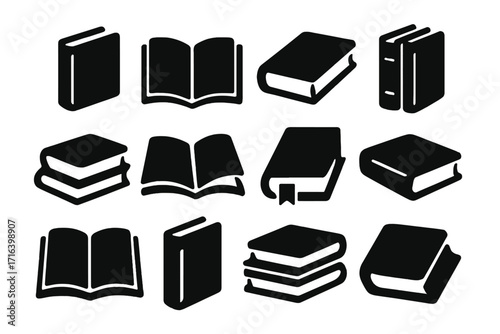 Book icons set. Education symbol. Library sign. Reading pictogram collection. Knowledge, learning, literature concept. Open, closed, stacked books. Vector silhouette glyphs.