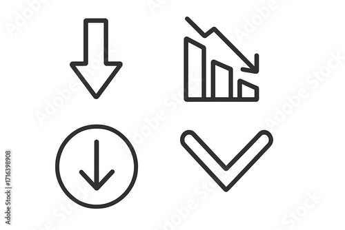 Downward arrow icon set. Linear vector symbols for download or decrease. Business graph showing recession, financial crisis, market drop, investment loss and failure concept.