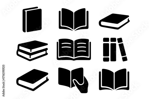 Book icons set vector glyph. Silhouette pictograms of open, closed, and stacked books. Education, library, reading, learning, and knowledge concept symbols. Study dictionary.