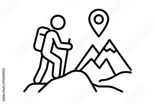 Hiker reaches mountain peak destination. Concept of goal achievement, adventure, and exploration. Man with backpack climbing. Location pin icon. Vector line art illustration.